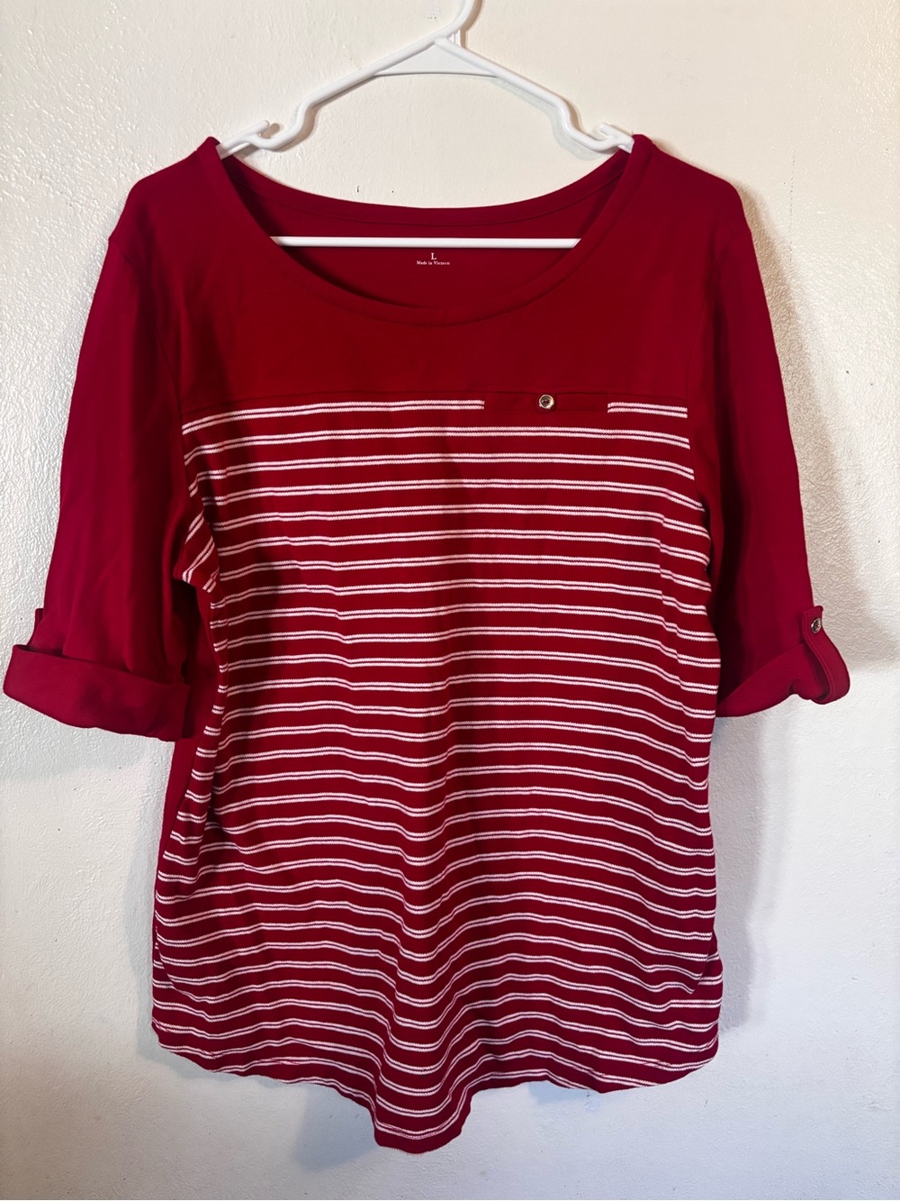 croft & barrow Red and White Striped Roll-Tab Sleeve Tunic